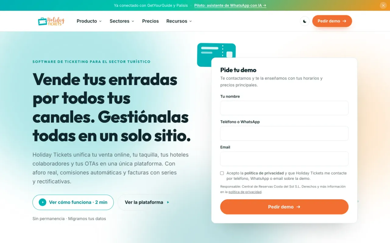 Web comercial de Holiday Tickets: vende tus entradas por todos tus canales