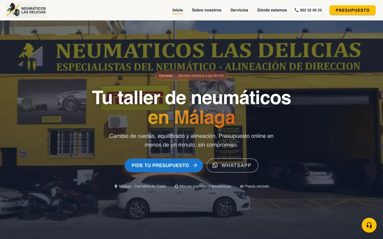Web de Neumáticos Las Delicias con botón de presupuesto y WhatsApp